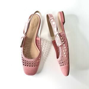 Dior & Moi Cannage Mesh Pink Bow Logo Slingback Flats Sandals 40.5